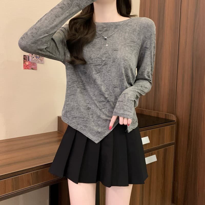 실사 정가 이른 가을 새로운 프랑스식 디자인 센스 불규칙 라운드 넥 긴팔 홀치기 염색 몸매 가꾸기 슬림해 보이는 다용도 맨위 이미지 4