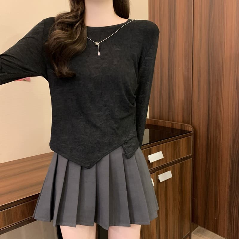 실사 정가 이른 가을 새로운 프랑스식 디자인 센스 불규칙 라운드 넥 긴팔 홀치기 염색 몸매 가꾸기 슬림해 보이는 다용도 맨위 상세 이미지 22