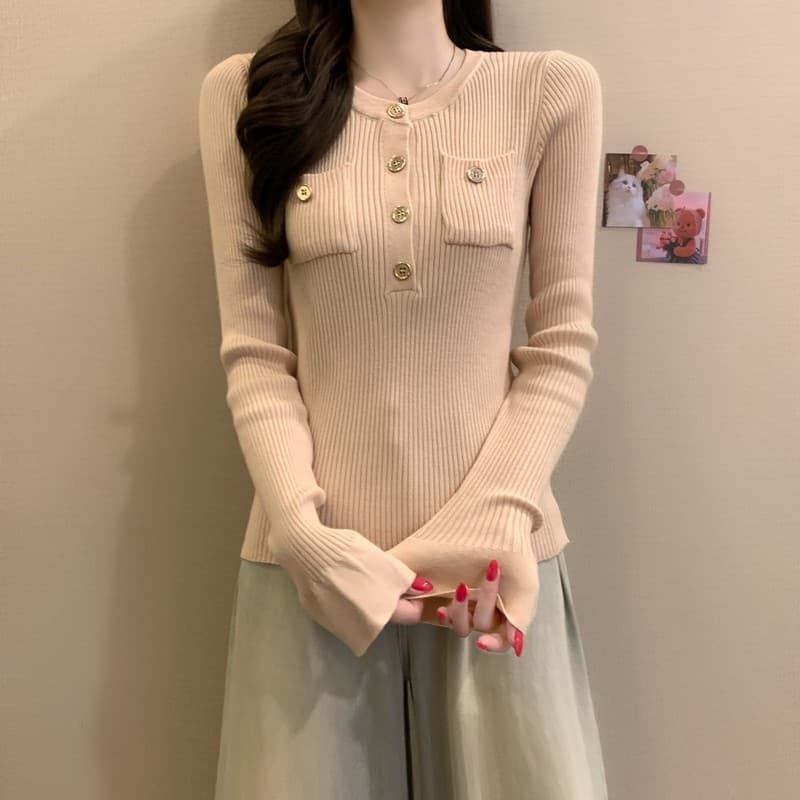 실사 정가 이른 가을 새로운 한 부서 품격 라운드 넥 고급 센스 몸매 가꾸기 슬림해 보이는 나팔 소매 구덩이 기사 니트 스웨터 상세 이미지 10
