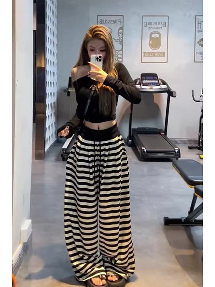 인터넷 유명인 같은 단락 느긋한 바람 스트라이프 펌프 로프 도루 센스 긴 바지 여성 가을 하이웨이스트 루즈핏 슬림해 보이는 넓은 다리 캐주얼 세트 이미지 4