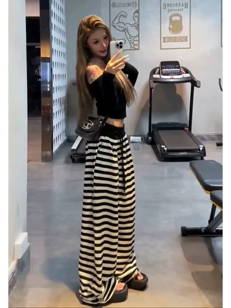 인터넷 유명인 같은 단락 느긋한 바람 스트라이프 펌프 로프 도루 센스 긴 바지 여성 가을 하이웨이스트 루즈핏 슬림해 보이는 넓은 다리 캐주얼 세트 상세 이미지 2