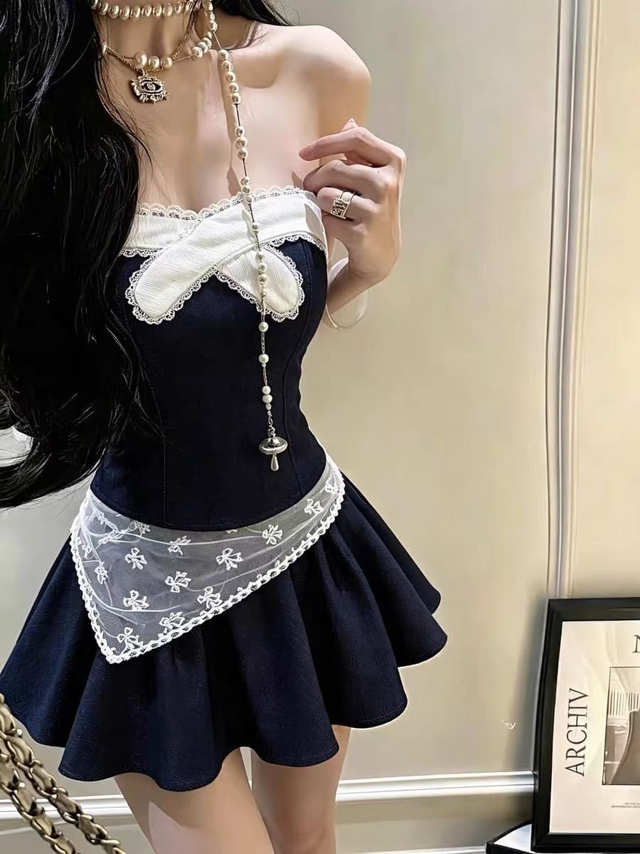 작은 샤넬 스타일 세트 패션 달콤함 순수한 욕망 바람 품격 슬림해 보이는 배색 튜브탑 조끼 미니 스커트 스카프 3종 세트 상세 이미지 5