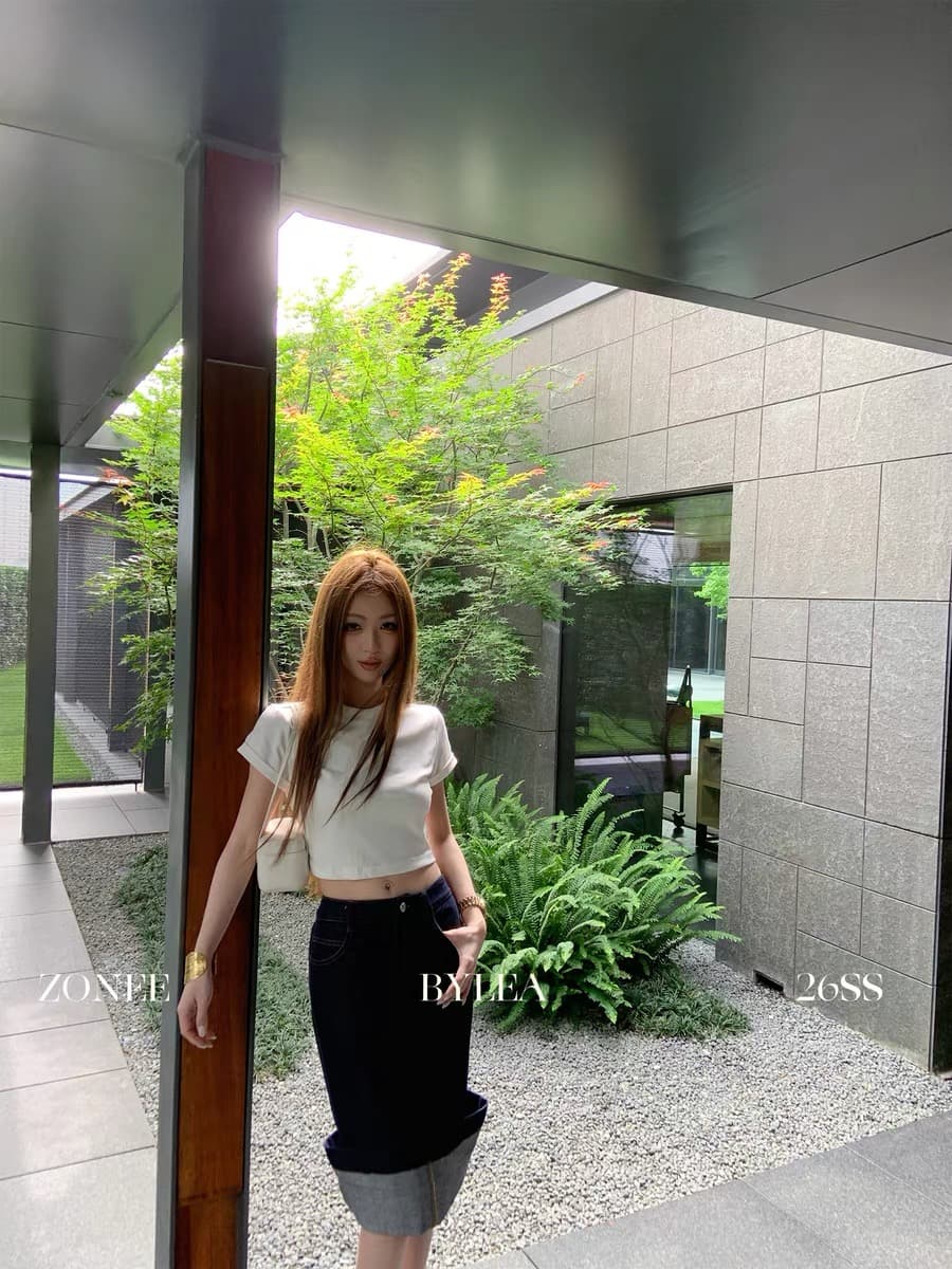세련된 매뉴얼 프랑스식 레트로 단 닝 하이웨이스트 트임 데님 반신 스커트 여성 세트