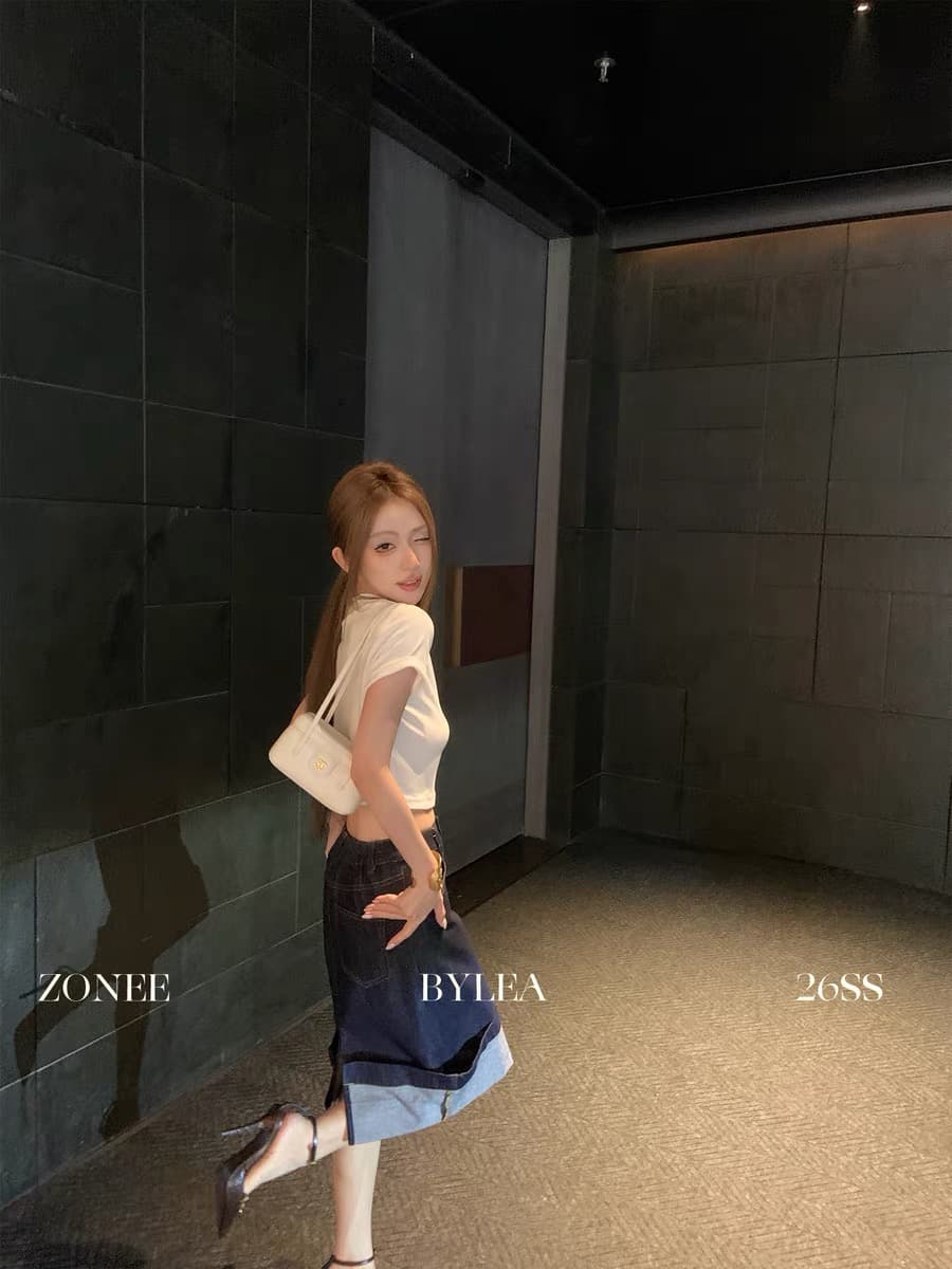 세련된 매뉴얼 프랑스식 레트로 단 닝 하이웨이스트 트임 데님 반신 스커트 여성 세트 상세 이미지 2