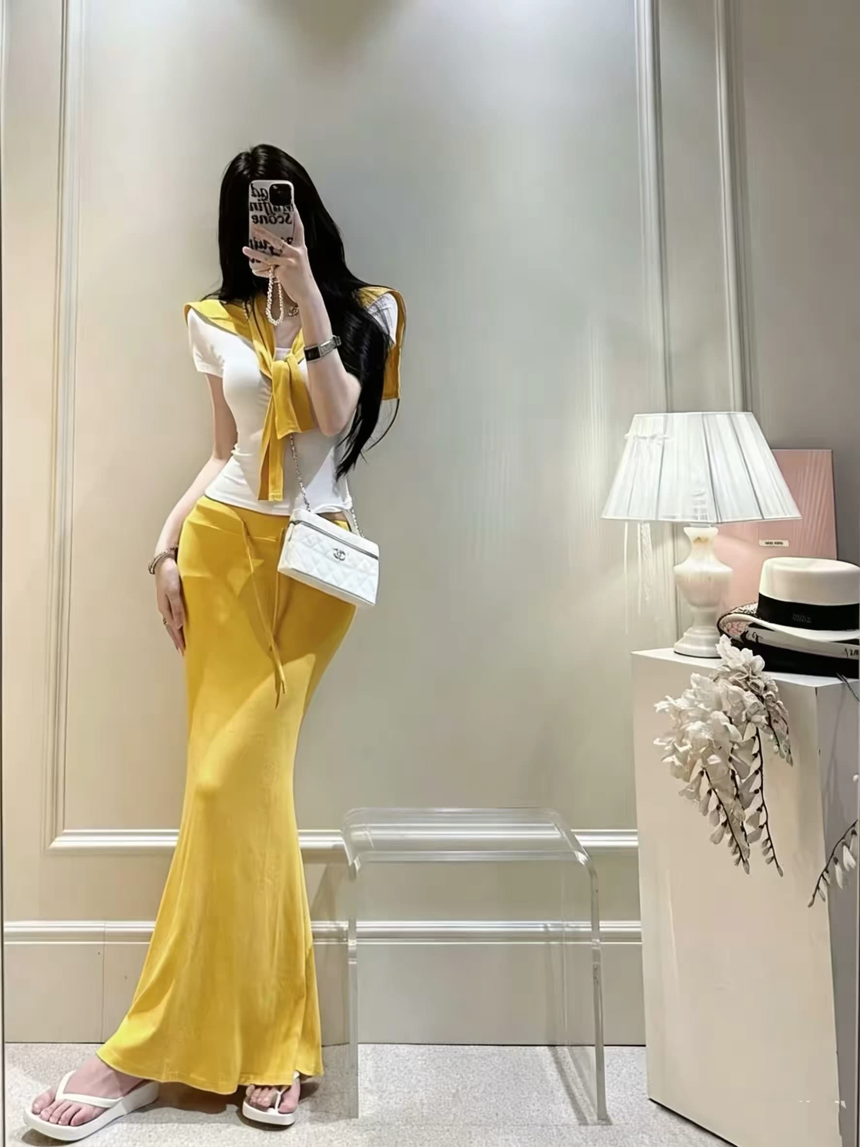 섹시함 순수한 욕망 u 칼라 몸매 가꾸기 반팔 티셔츠 얇은 스타일 외부 가져 가라. 숄 하이웨이스트 레이스업 타이트 스커트 반신 롱 스커트 3종 세트