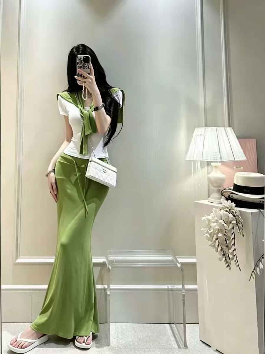 섹시함 순수한 욕망 u 칼라 몸매 가꾸기 반팔 티셔츠 얇은 스타일 외부 가져 가라. 숄 하이웨이스트 레이스업 타이트 스커트 반신 롱 스커트 3종 세트 이미지 2
