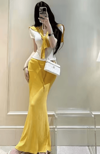 섹시함 순수한 욕망 u 칼라 몸매 가꾸기 반팔 티셔츠 얇은 스타일 외부 가져 가라. 숄 하이웨이스트 레이스업 타이트 스커트 반신 롱 스커트 3종 세트 상세 이미지 1