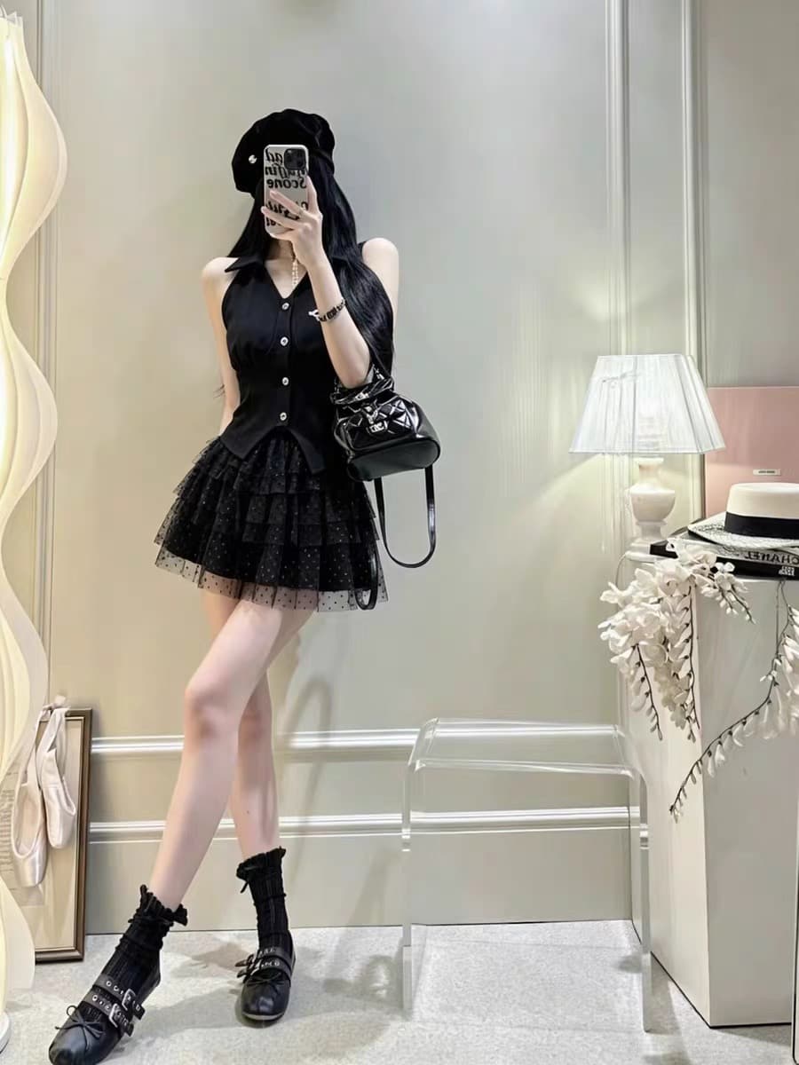 순수한 욕망 품격 POLO 칼라 싱글 줄 버튼 허리 수축 민소매 베스트 조끼 슬림해 보이는 망사 도트 무늬 케이크 드레스 투피스 세트