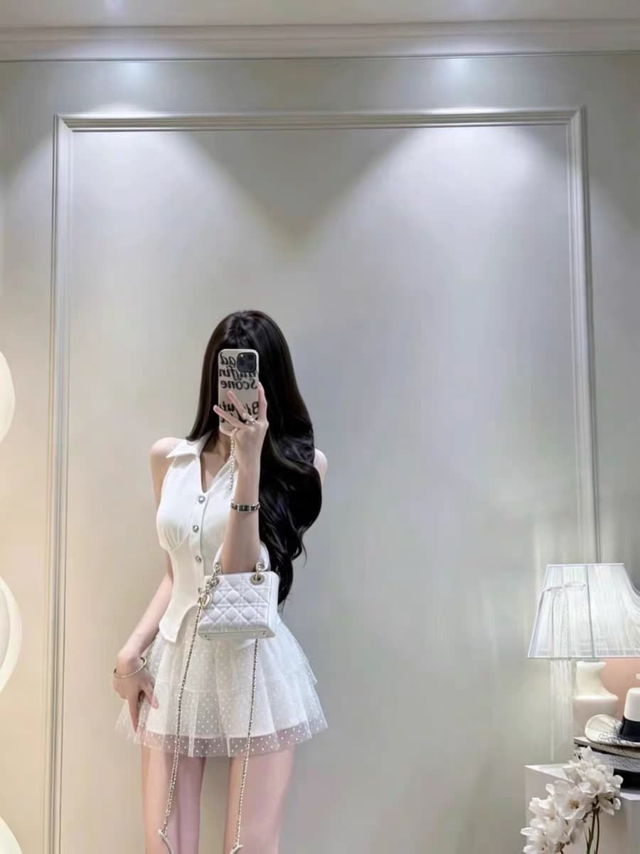순수한 욕망 품격 POLO 칼라 싱글 줄 버튼 허리 수축 민소매 베스트 조끼 슬림해 보이는 망사 도트 무늬 케이크 드레스 투피스 세트 이미지 2