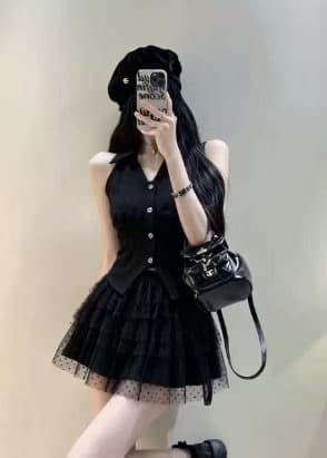 순수한 욕망 품격 POLO 칼라 싱글 줄 버튼 허리 수축 민소매 베스트 조끼 슬림해 보이는 망사 도트 무늬 케이크 드레스 투피스 세트 상세 이미지 1