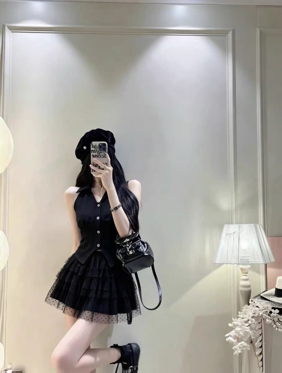 순수한 욕망 품격 POLO 칼라 싱글 줄 버튼 허리 수축 민소매 베스트 조끼 슬림해 보이는 망사 도트 무늬 케이크 드레스 투피스 세트 상세 이미지 3