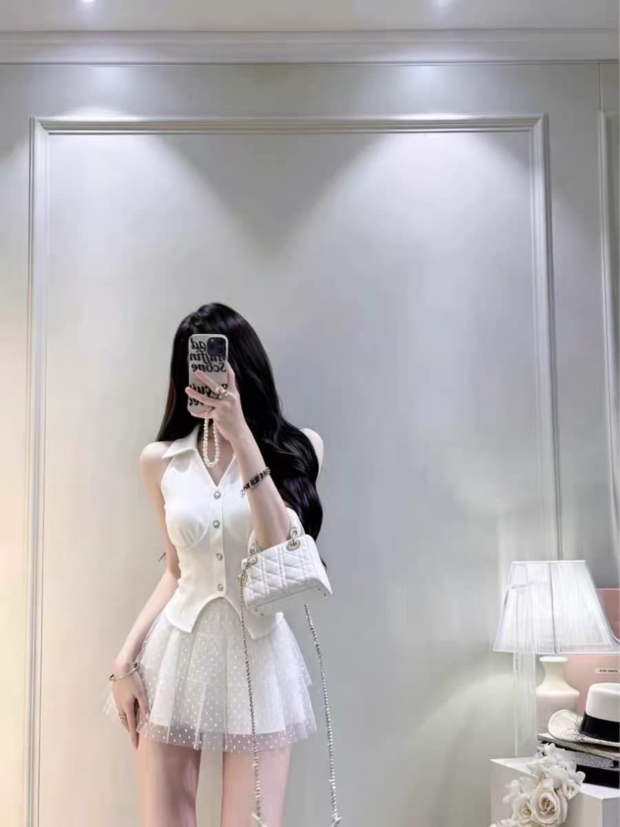 순수한 욕망 품격 POLO 칼라 싱글 줄 버튼 허리 수축 민소매 베스트 조끼 슬림해 보이는 망사 도트 무늬 케이크 드레스 투피스 세트 상세 이미지 5