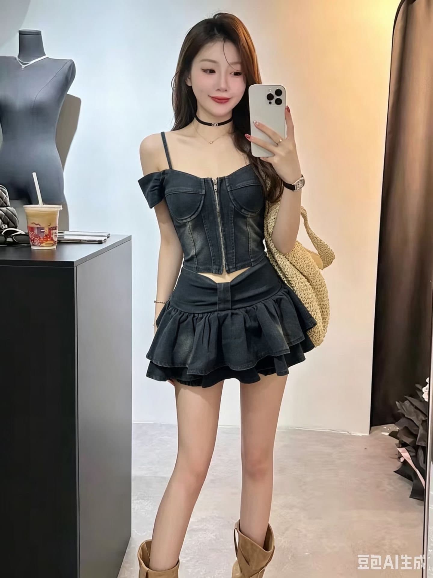 핫걸 데님 세트 여성 여름 새로운 한국 스타일 섹시함 순수한 욕망 오프숄더 맨위 하이웨이스트 플리츠 미니 스커트 이미지 4