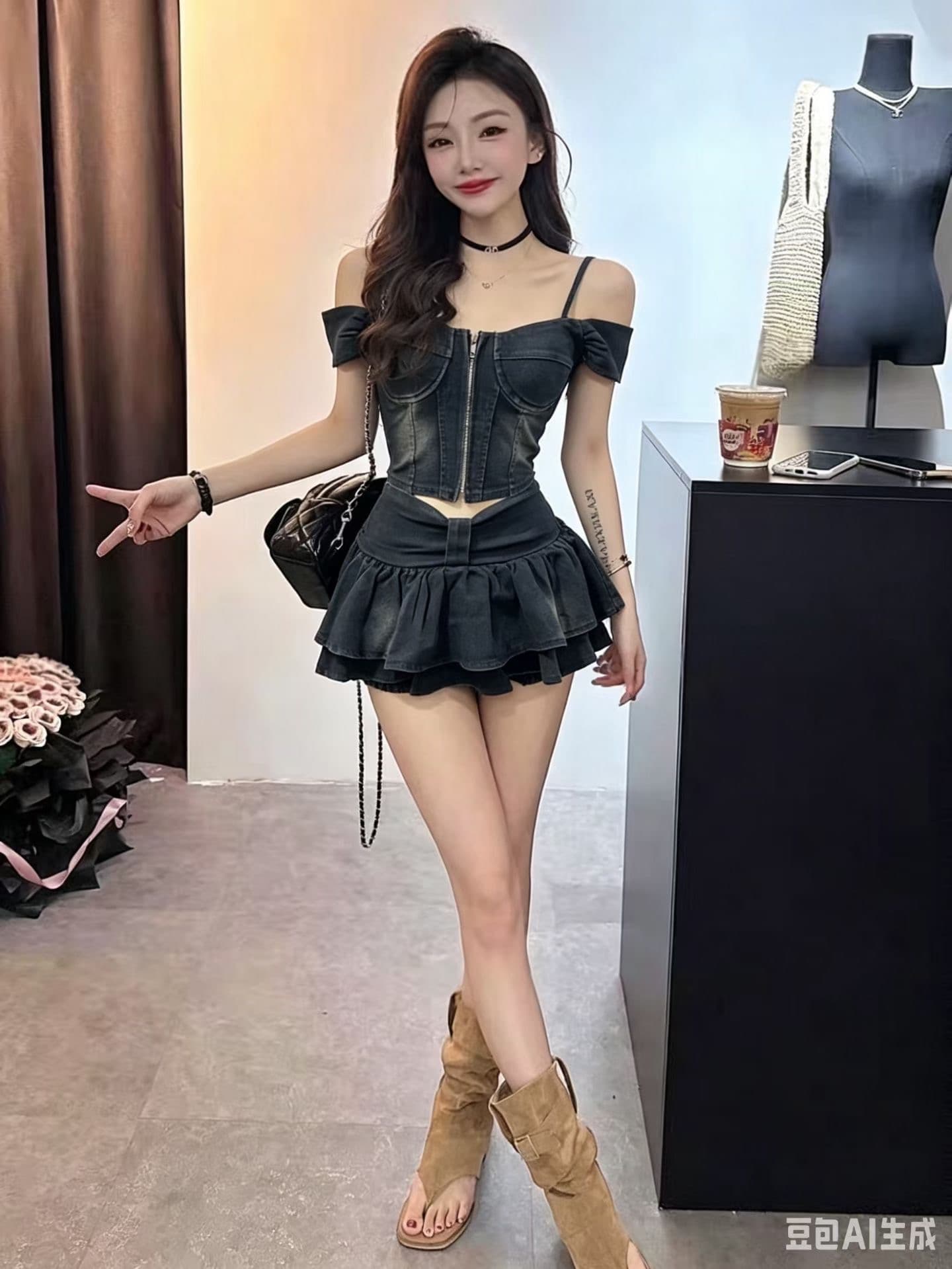 핫걸 데님 세트 여성 여름 새로운 한국 스타일 섹시함 순수한 욕망 오프숄더 맨위 하이웨이스트 플리츠 미니 스커트 상세 이미지 3