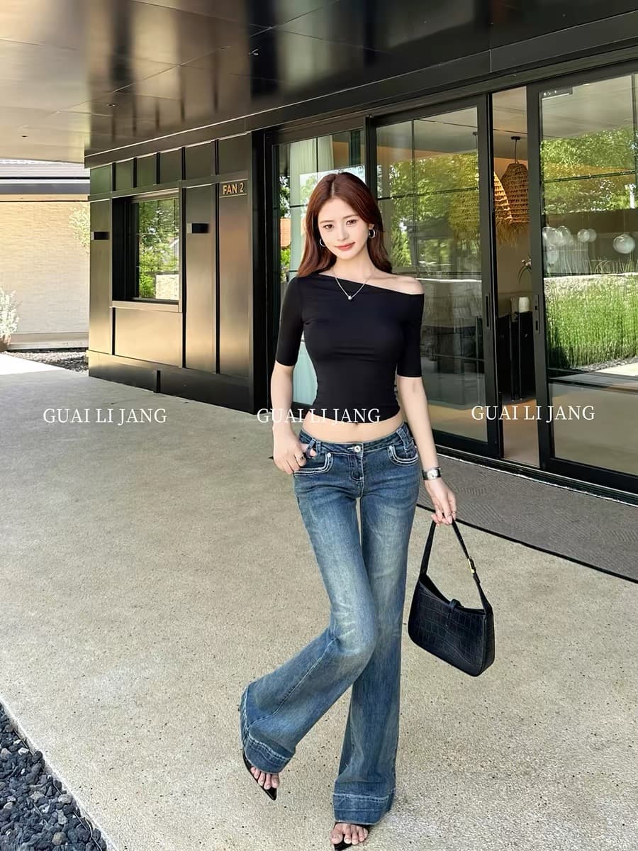 이상한 힘 소스 아메리칸 핫걸 부츠컷 청바지 여성 여름 디자인 센스 워싱 로우 웨이스트 몸매 가꾸기 슬림해 보이는 파란색 긴 바지 상세 이미지 4