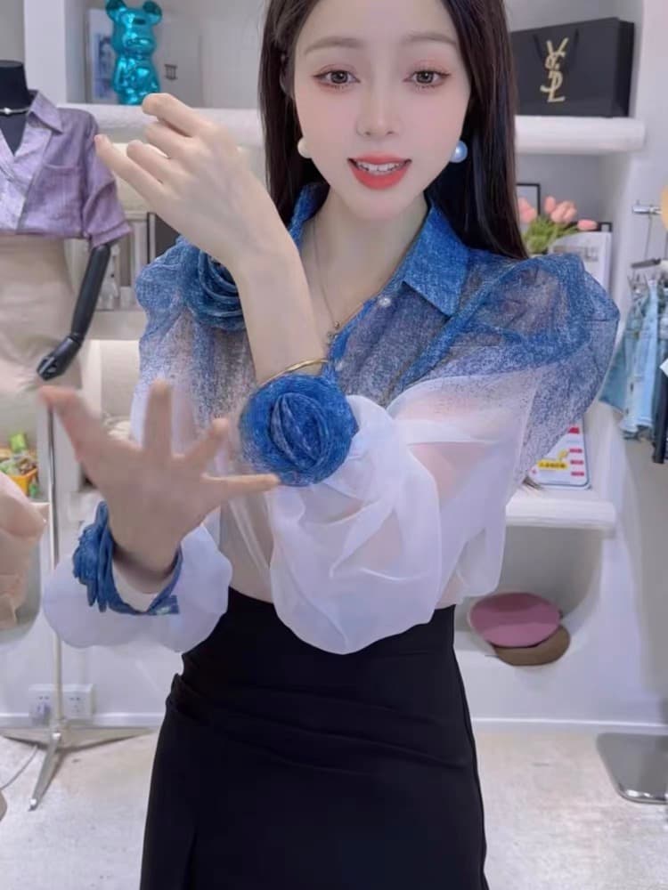 2025 여름 새로운 유럽 역 작은 청신 루즈핏 슬림해 보이는 그라데이션 색상 꽃 캐주얼 셔츠 맨위 다용도 트렌디 상세 이미지 3