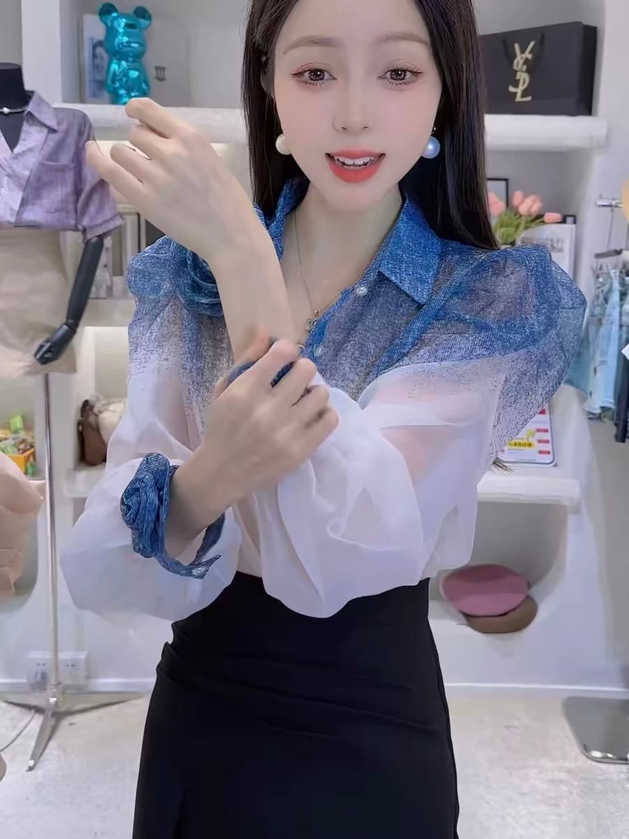 2025 여름 새로운 유럽 역 작은 청신 루즈핏 슬림해 보이는 그라데이션 색상 꽃 캐주얼 셔츠 맨위 다용도 트렌디 상세 이미지 4