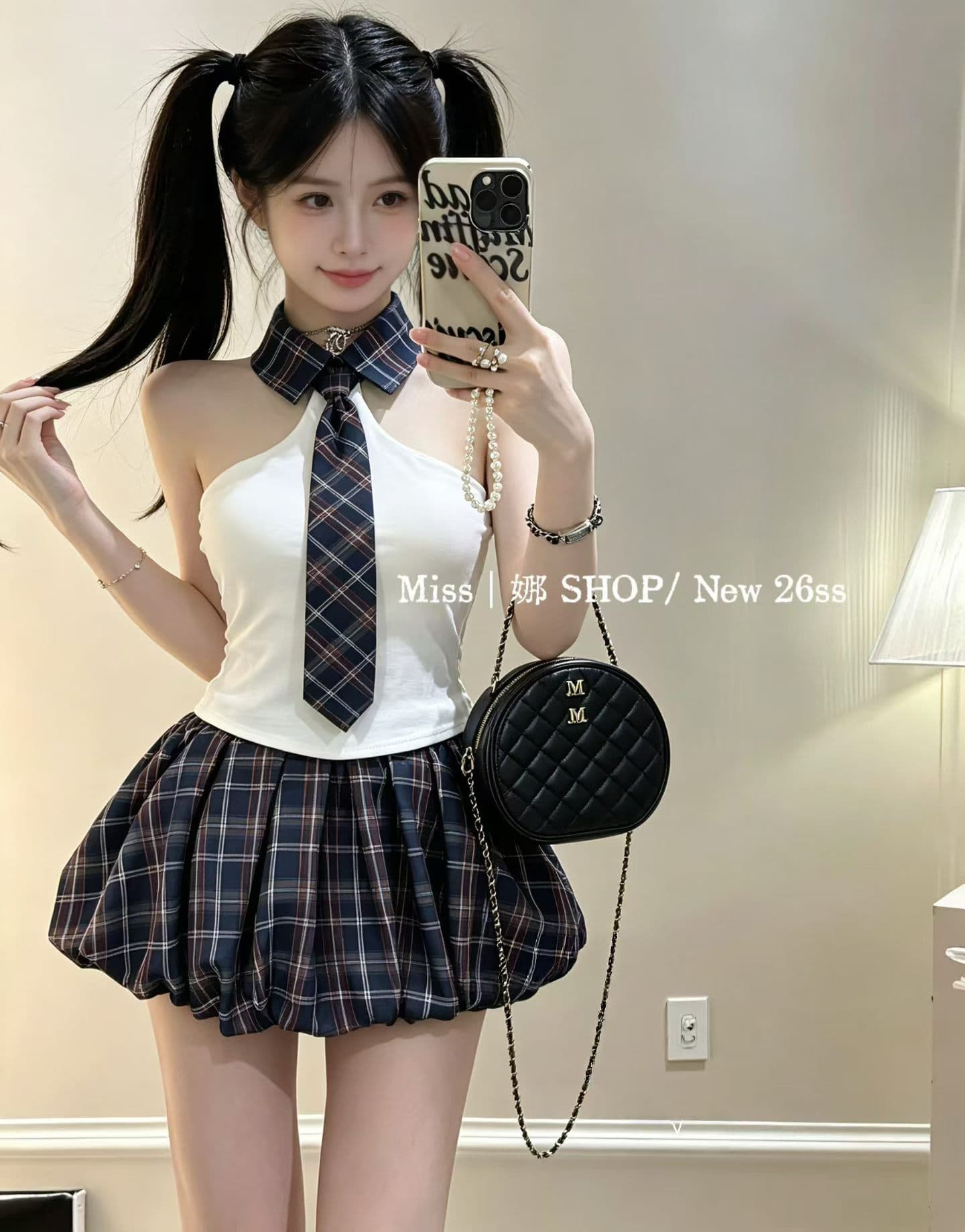 핫걸 레트로 섹시함 그리드 폴로 칼라 조끼 맨위 여름 순수한 욕망 바람 한 마디 체크무늬 플리츠 미니 스커트 투피스 세트 이미지 2