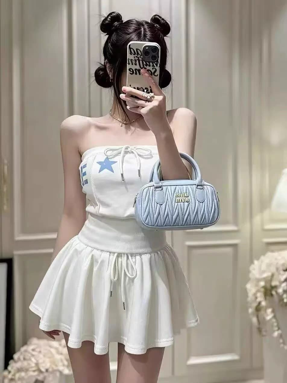 순수한 욕망 달콤한 핫걸 오각형 별 프린트 허리 수축 튜브탑 맨위 허리밴드 레이스업 캐주얼 미니 스커트 투피스 슈트 여성 상세 이미지 1
