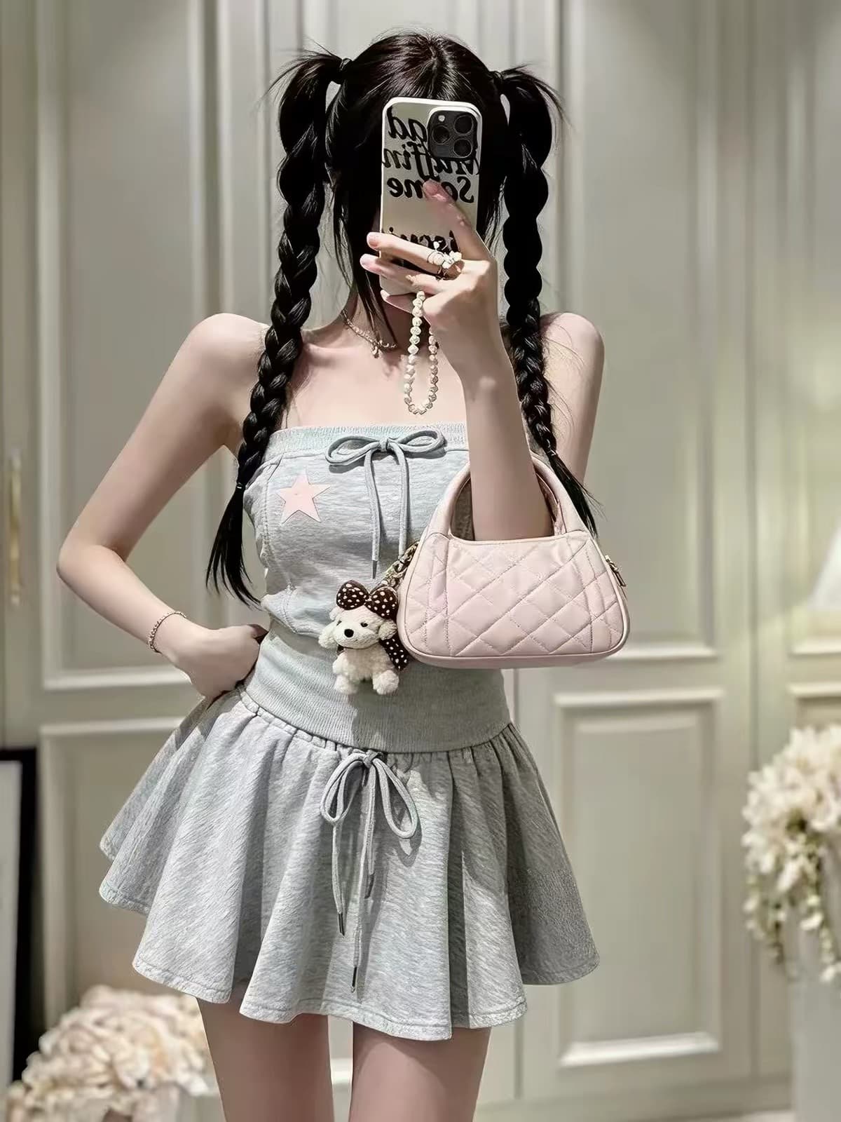 순수한 욕망 달콤한 핫걸 오각형 별 프린트 허리 수축 튜브탑 맨위 허리밴드 레이스업 캐주얼 미니 스커트 투피스 슈트 여성 상세 이미지 2