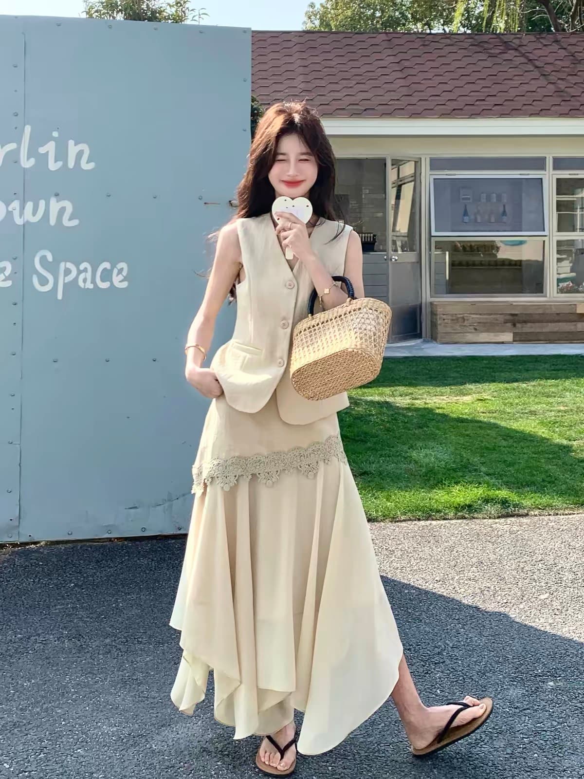 카키 색 빛 요리 한 바람 정장 베스트 세트 드레스 여성 여름 2026 새로운 레이스 조각 반신 스커트 투피스 세트