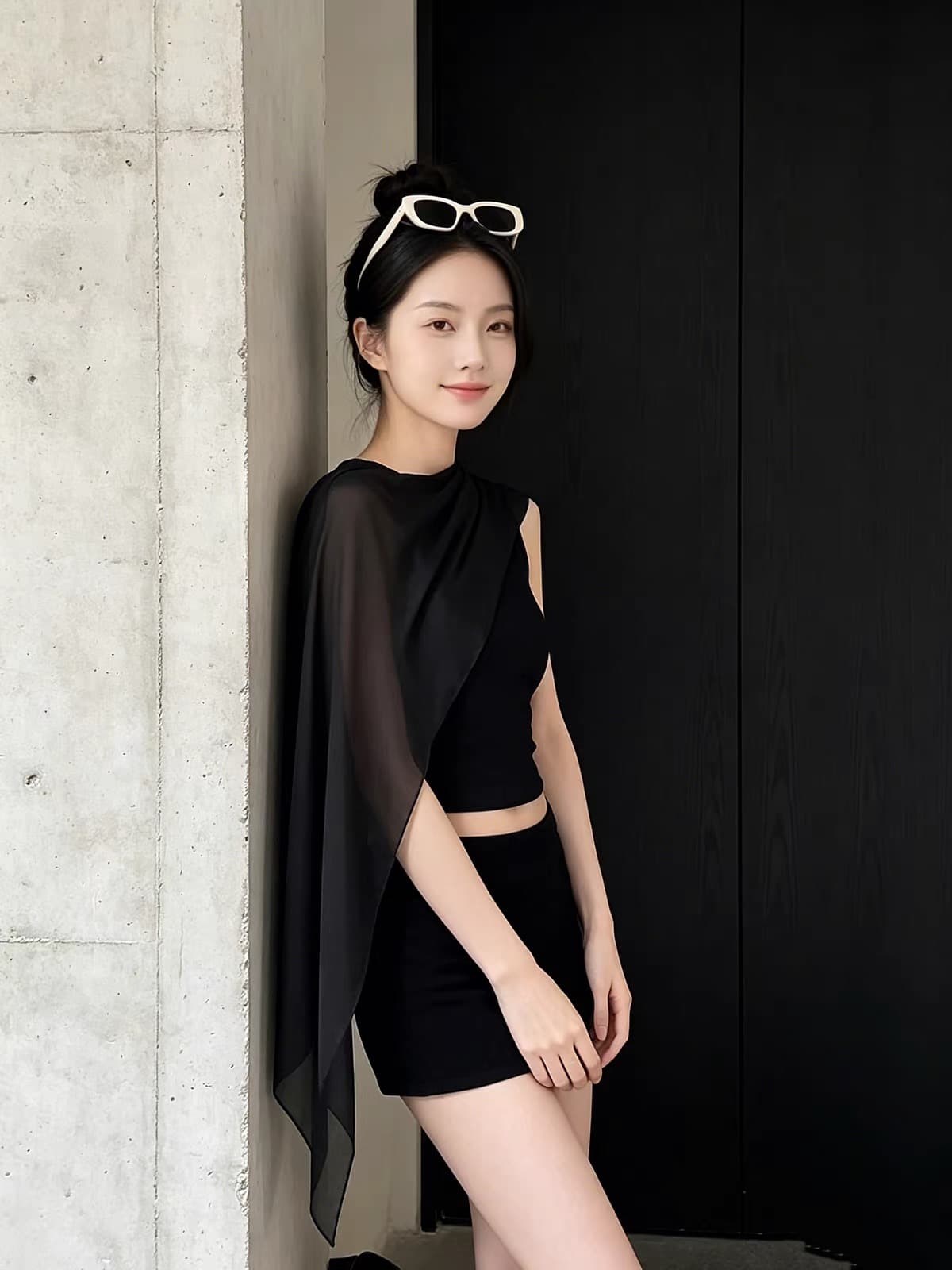 k2 onlinestore 순수한 욕망 핫걸 패치워크 망사 숄 맨위 여성 검정색 허리 수축 타이트 스커트 반 스커트 세트 상세 이미지 2