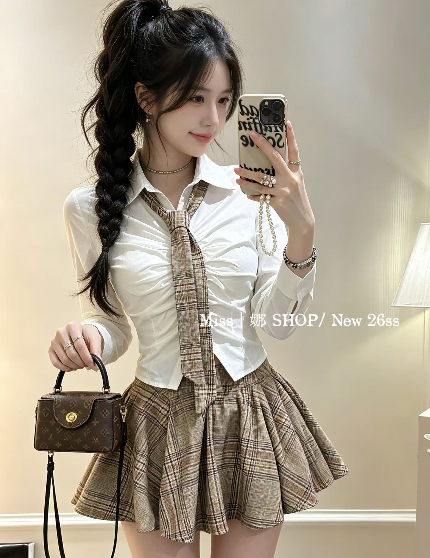 아메리칸 학원 스타일 세트 주름 허리 수축 셔츠 레트로 체크무늬 플리츠 스커트 나만의 것을 가져와 라. 넥타이
