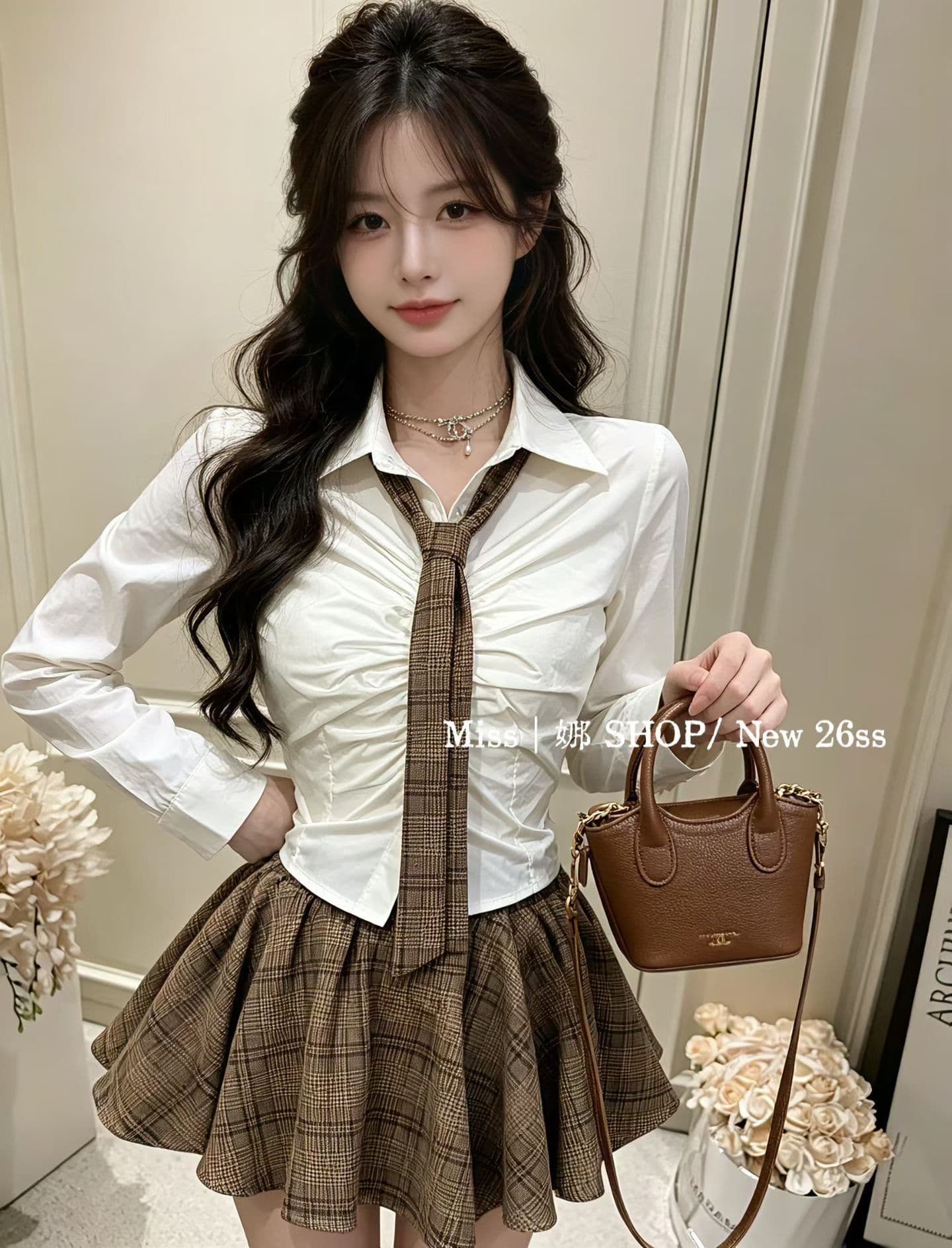 아메리칸 학원 스타일 세트 주름 허리 수축 셔츠 레트로 체크무늬 플리츠 스커트 나만의 것을 가져와 라. 넥타이 상세 이미지 3