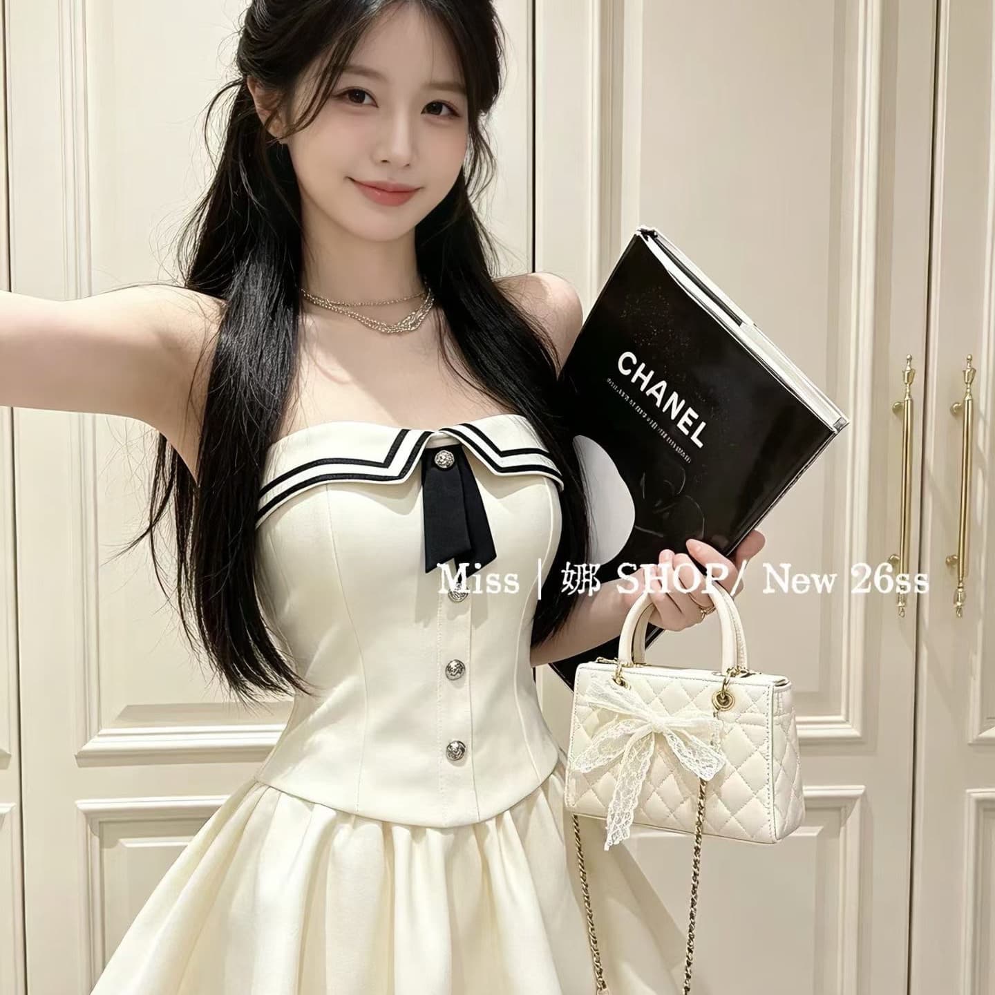 여름 몸매 가꾸기 슬림해 보이는 디자인 센스 학원 스타일 달콤한 자매 해군 칼라 배색 맨위 플리츠 반신 치마 세트 여성 이미지 5