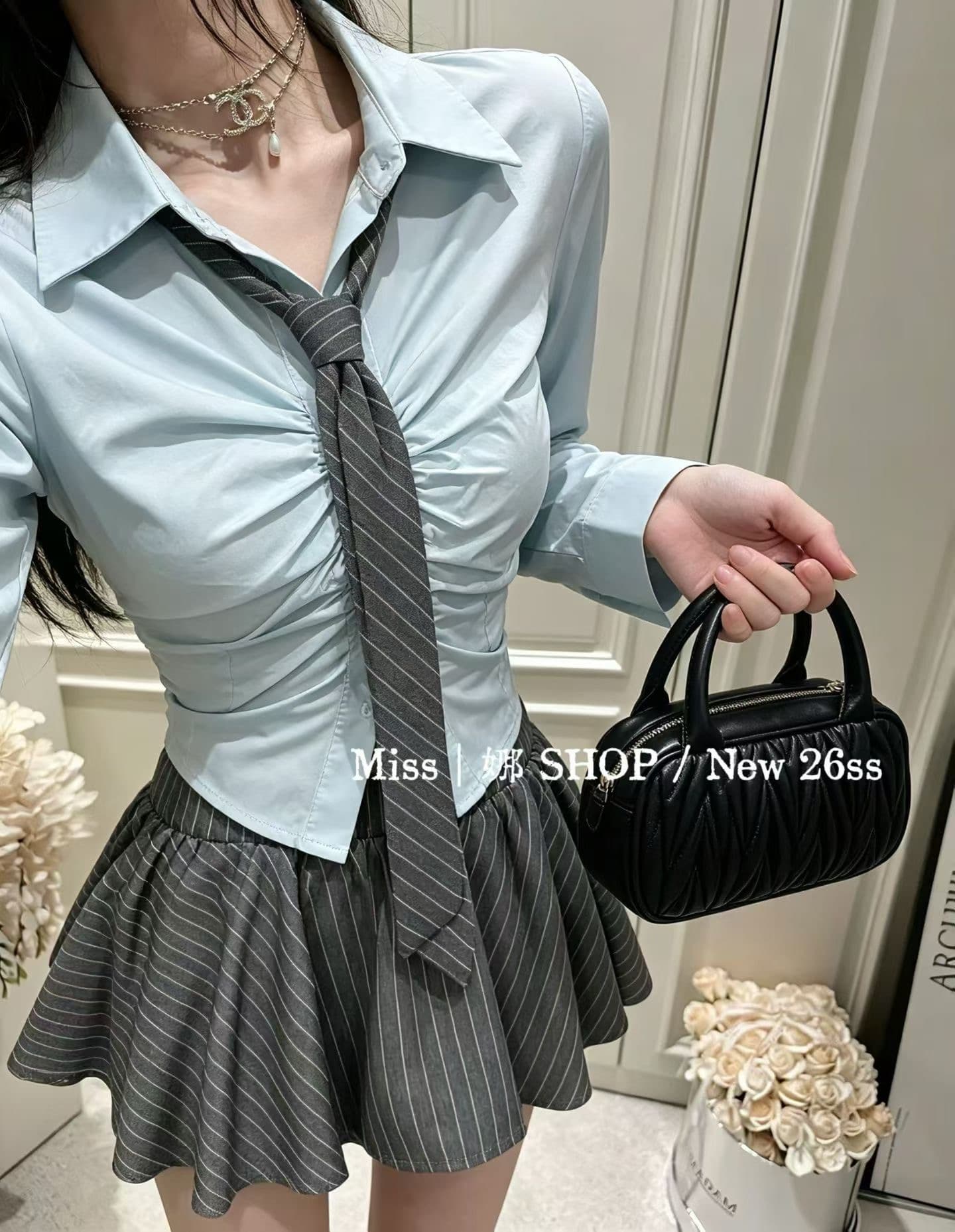 아메리칸 학원 달콤한 자매 l 주름 허리 수축 셔츠 경기 스트라이프 치마 세트 전체 집합 게으른 착용 가져 가라. 슬림해 보이는 이미지 2