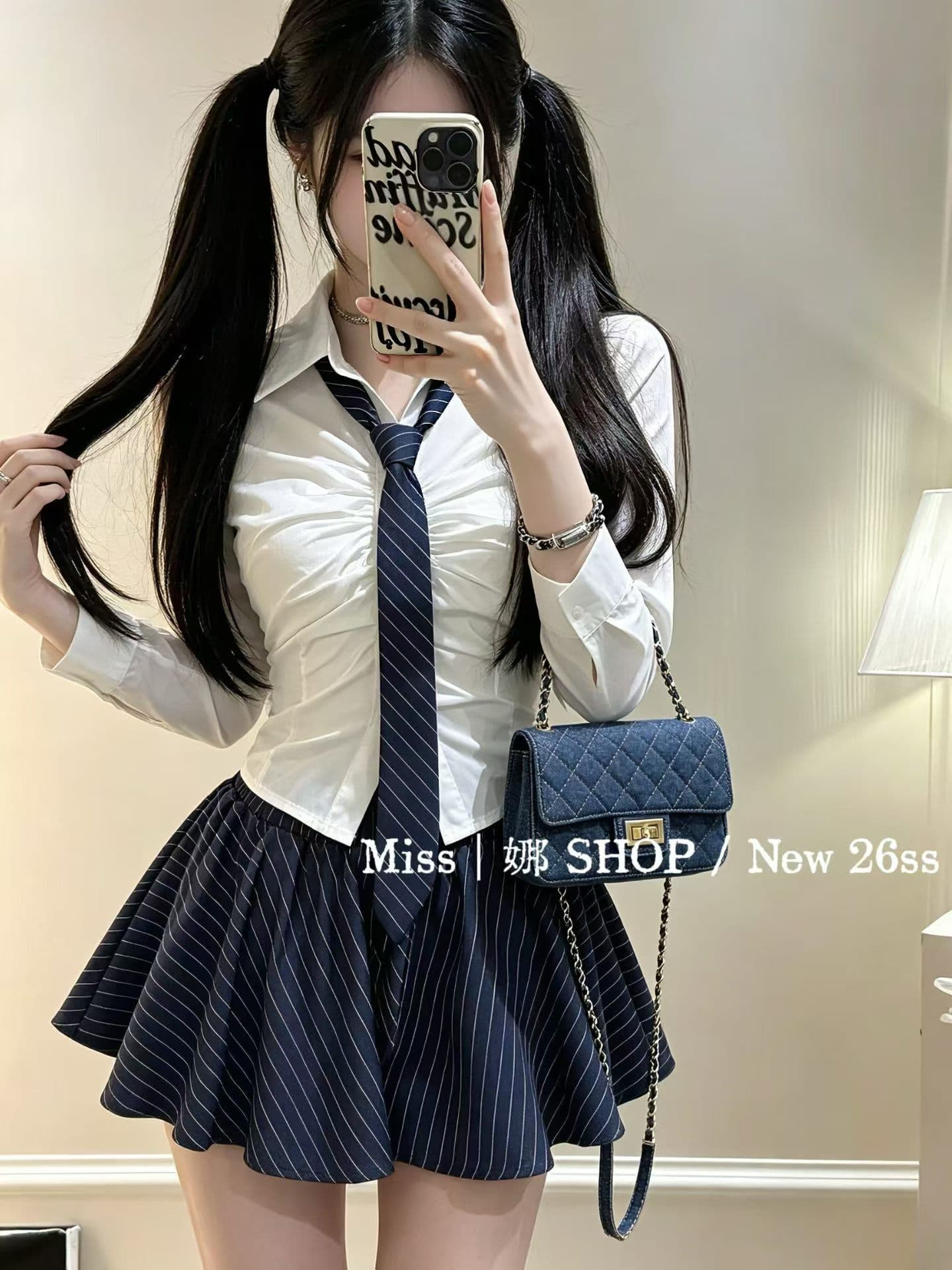 아메리칸 학원 달콤한 자매 l 주름 허리 수축 셔츠 경기 스트라이프 치마 세트 전체 집합 게으른 착용 가져 가라. 슬림해 보이는 상세 이미지 4