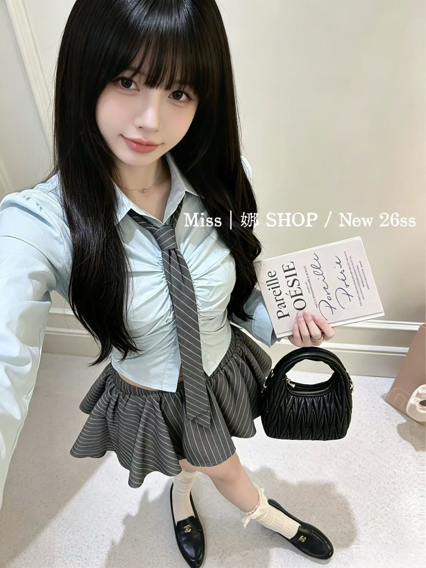 아메리칸 학원 달콤한 자매 l 주름 허리 수축 셔츠 경기 스트라이프 치마 세트 전체 집합 게으른 착용 가져 가라. 슬림해 보이는 상세 이미지 6