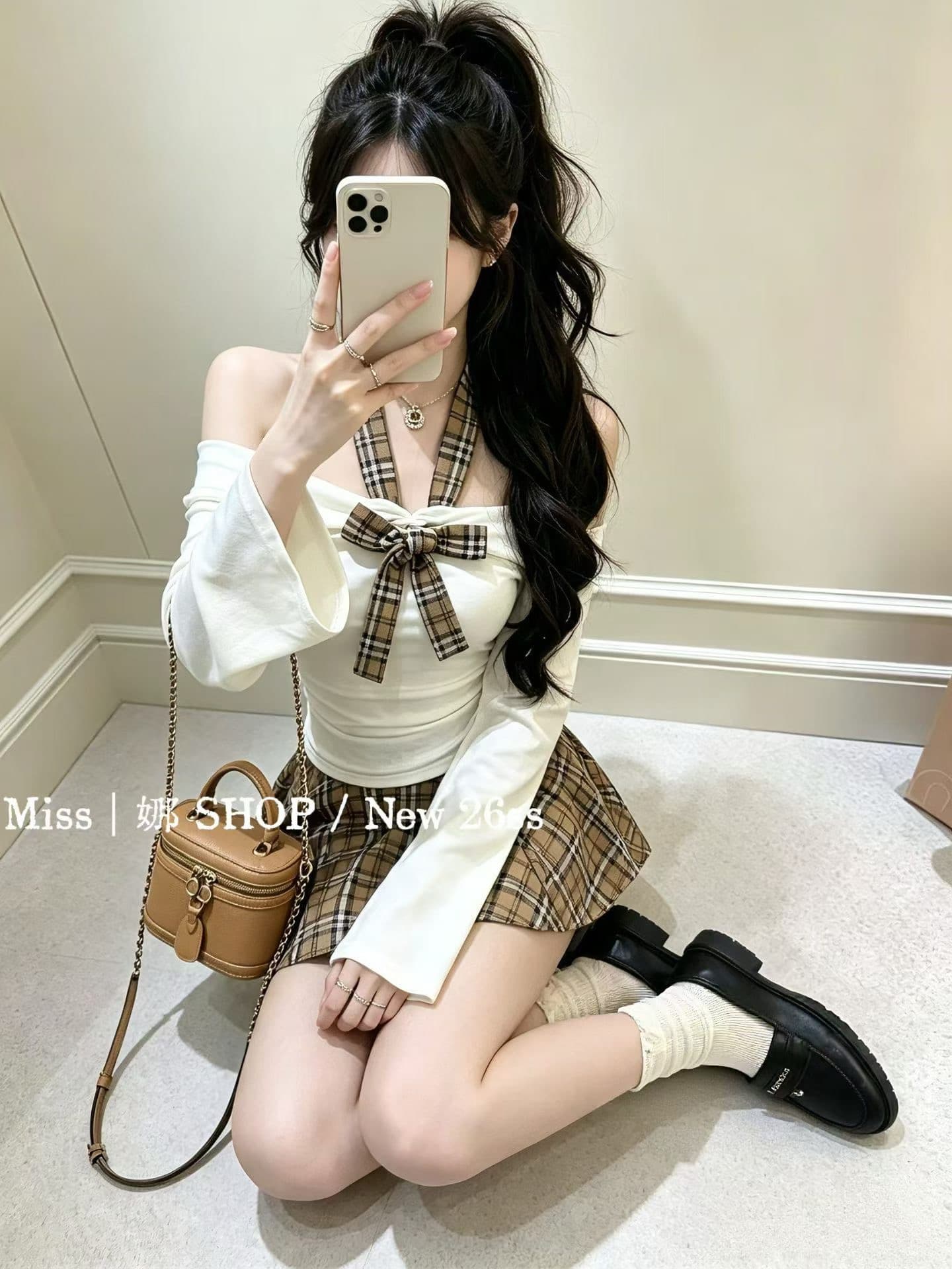오프숄더 나팔 소매 나만의 것을 가져와 라. 부드러운 필터 체크무늬 행침 목 나비 매듭 케이크 미니 스커트 한 부서 여고생 상세 이미지 7