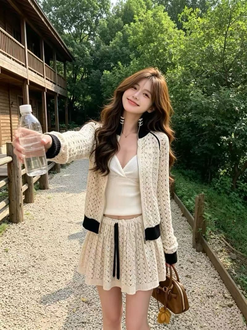 kumikumi 패션 세트 홀로우 아웃 긴팔 니트 오픈 가디건 여성 여름 허리밴드 슬림해 보이는 반신 스커트 투피스 세트