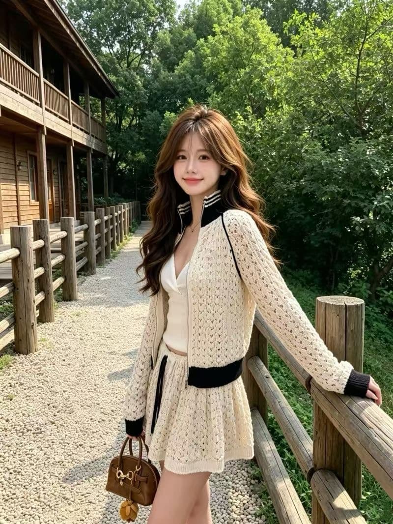 kumikumi 패션 세트 홀로우 아웃 긴팔 니트 오픈 가디건 여성 여름 허리밴드 슬림해 보이는 반신 스커트 투피스 세트 이미지 2
