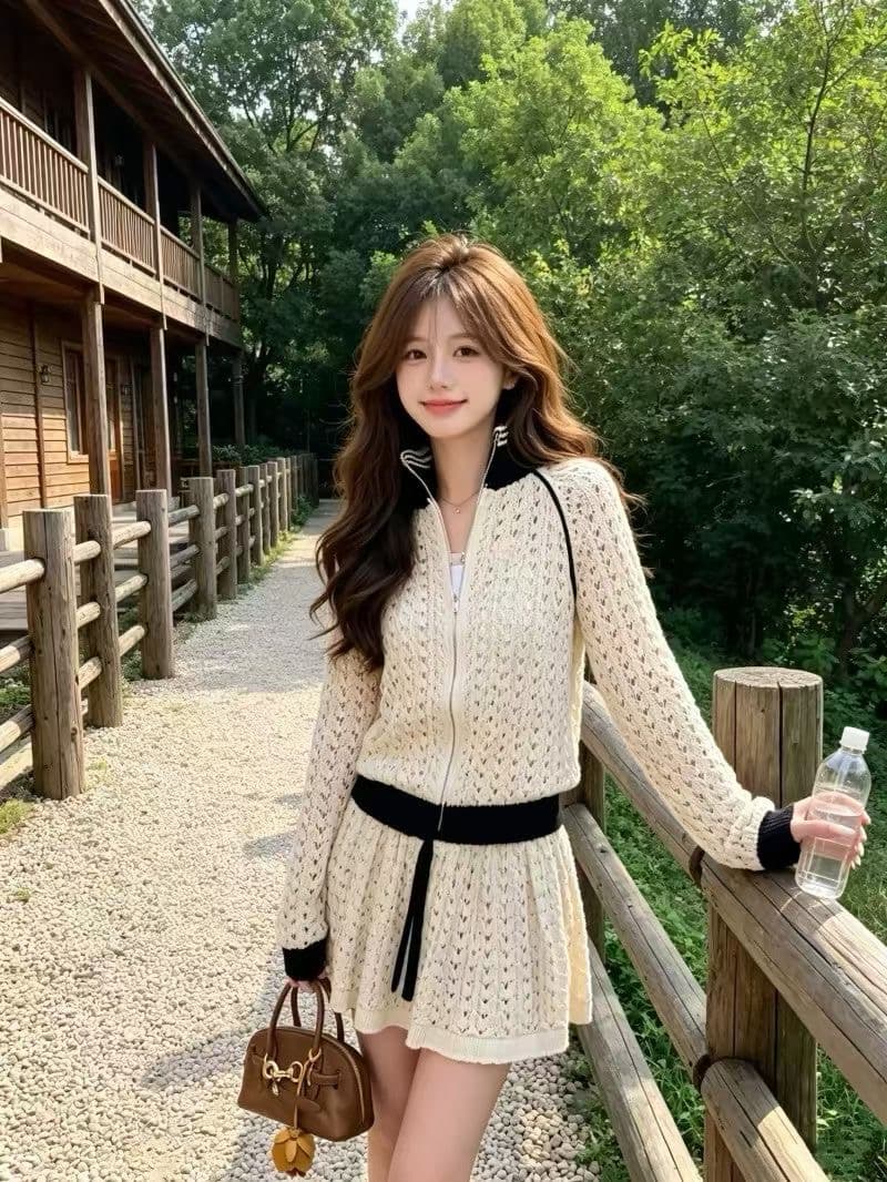 kumikumi 패션 세트 홀로우 아웃 긴팔 니트 오픈 가디건 여성 여름 허리밴드 슬림해 보이는 반신 스커트 투피스 세트 상세 이미지 3