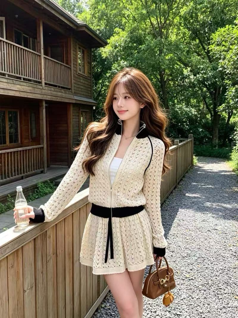 kumikumi 패션 세트 홀로우 아웃 긴팔 니트 오픈 가디건 여성 여름 허리밴드 슬림해 보이는 반신 스커트 투피스 세트 상세 이미지 4