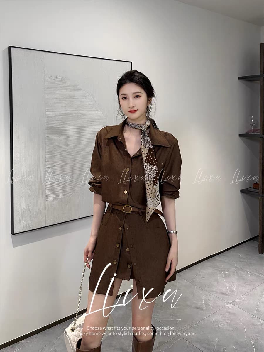 liixu 여름 빛 요리 한 바람 착용 가져 가라. 여성 길다 셔츠 코디 페이크 레이어드 A라인 스커트 허리 수축 슬림해 보이는 출퇴근 세트 상세 이미지 1