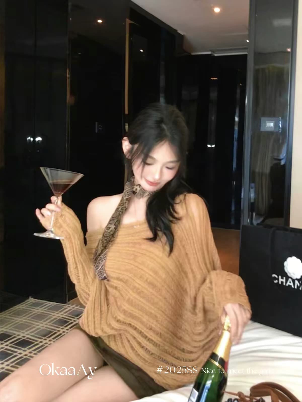 okaaay 마이크로 달빛 비스듬한 칼라 오프숄더 긴팔 니트 스웨터 여성 가을 배트윙 소매 블라우스 느긋한 바람 맨위 이미지 3
