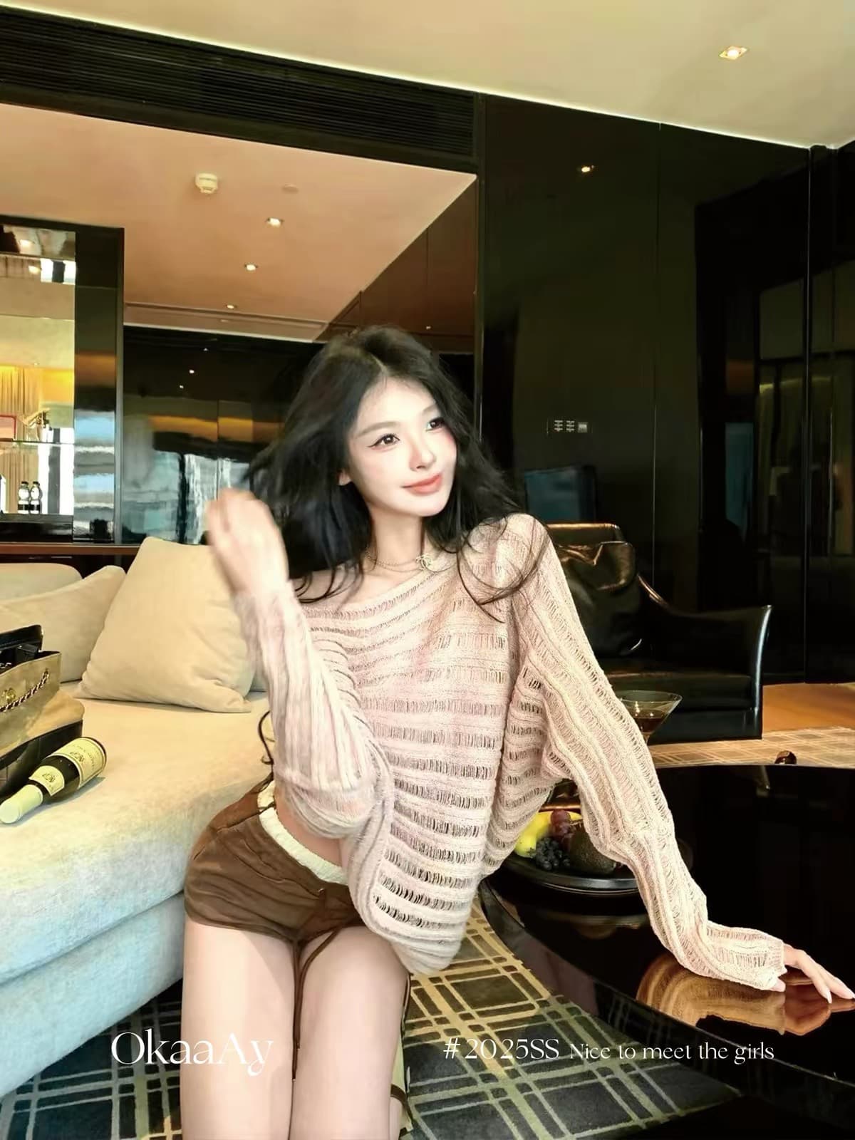 okaaay 마이크로 달빛 비스듬한 칼라 오프숄더 긴팔 니트 스웨터 여성 가을 배트윙 소매 블라우스 느긋한 바람 맨위 상세 이미지 4