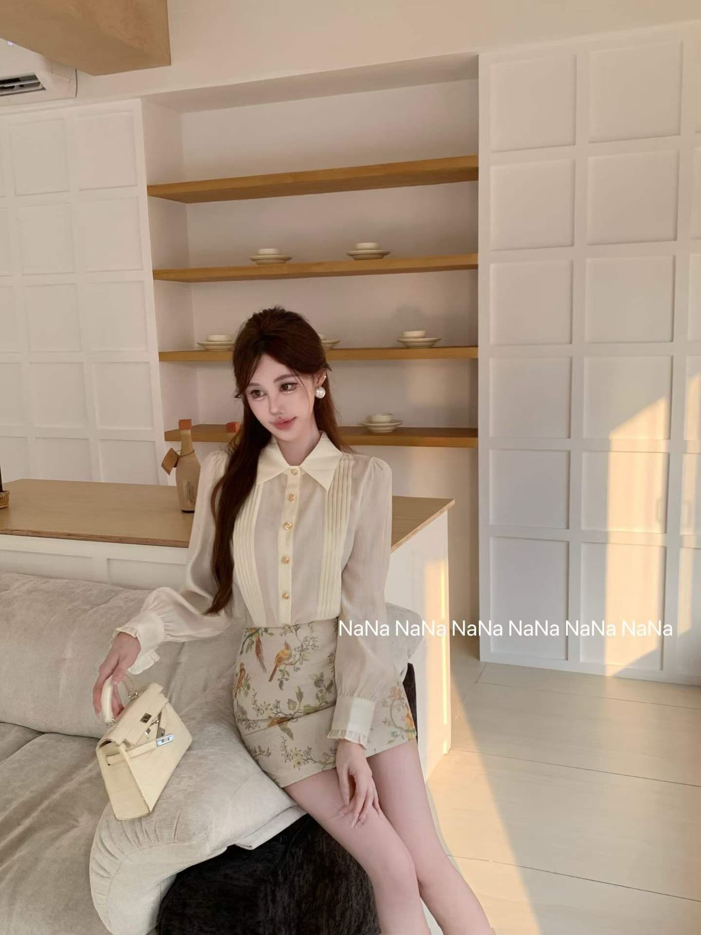 명문 여성 천 금빛 바람 루즈핏 셔츠 레트로 새와 꽃 패턴 하이웨이스트 한 마디 치마 세트 상세 이미지 3