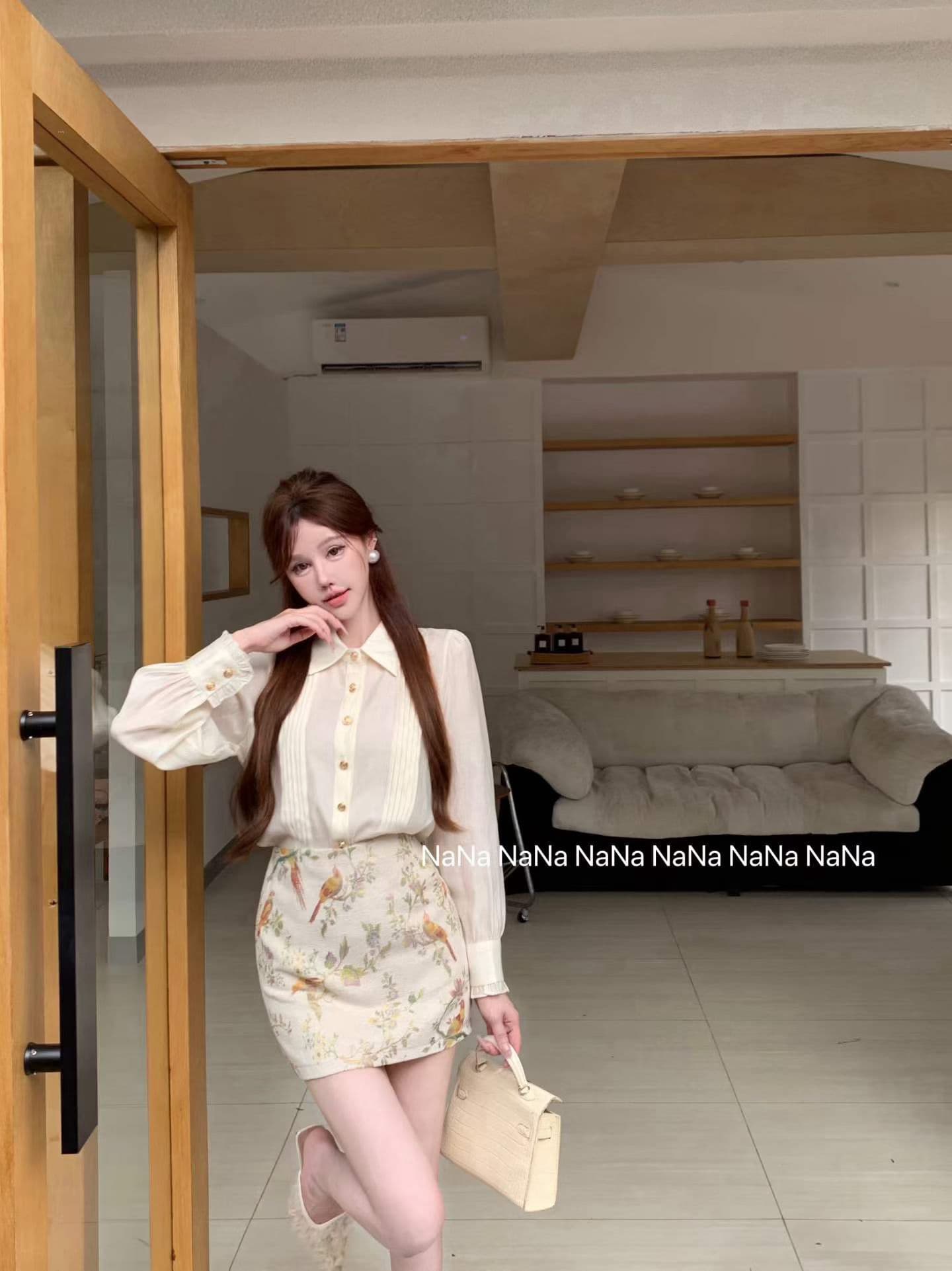 명문 여성 천 금빛 바람 루즈핏 셔츠 레트로 새와 꽃 패턴 하이웨이스트 한 마디 치마 세트 상세 이미지 4