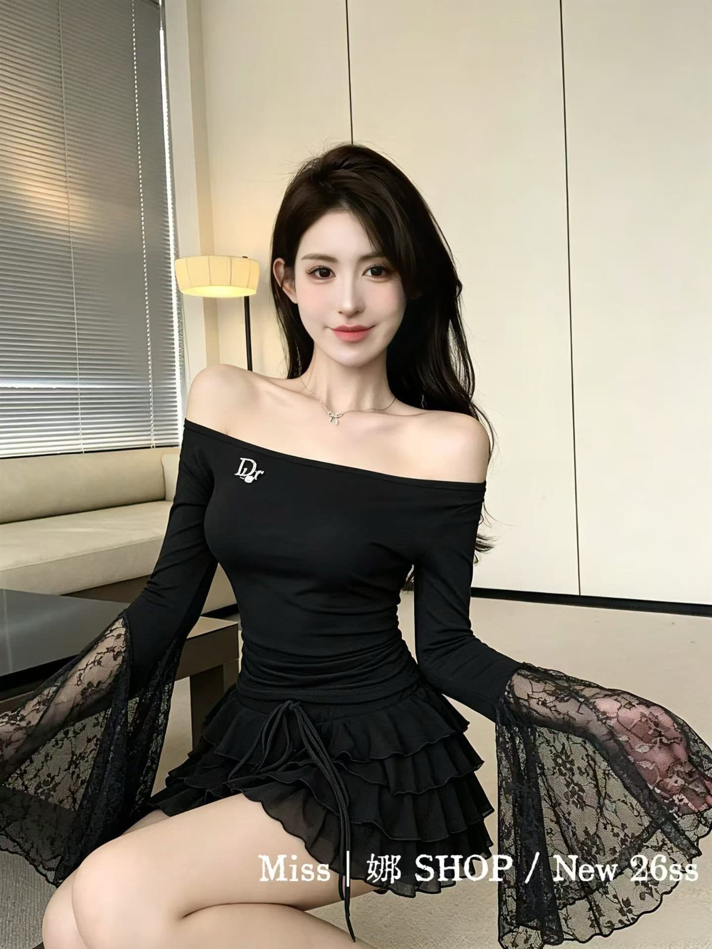 lina 비스듬한 어깨 보트넥 맨위 패치워크 시스루 레이스 나팔 소매 하이웨이스트 펌프 로프 다중 레이어 케이크 미니 스커트 상세 이미지 4