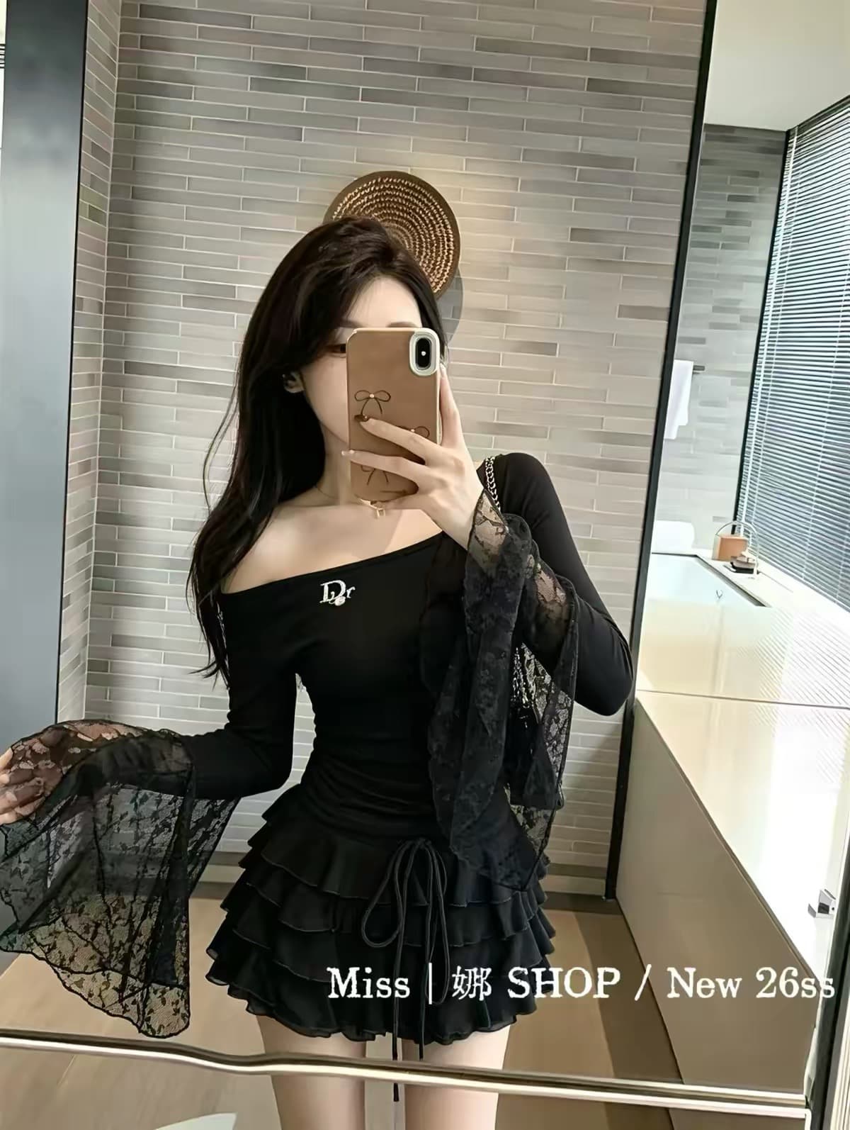lina 비스듬한 어깨 보트넥 맨위 패치워크 시스루 레이스 나팔 소매 하이웨이스트 펌프 로프 다중 레이어 케이크 미니 스커트 상세 이미지 5