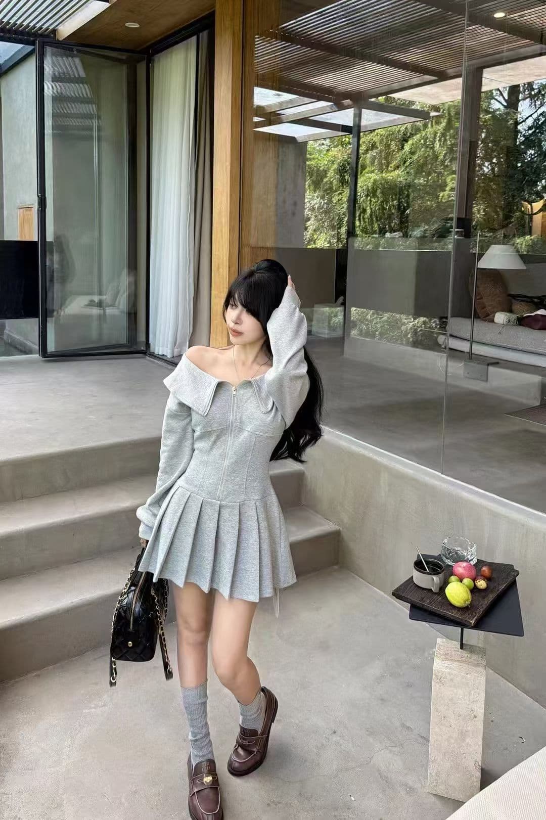 한국 스타일 패션 다용도 빅 칼라 오프숄더 지퍼 중간 길이 학원 스타일 연령 감소 캐주얼 드레스 이미지 3