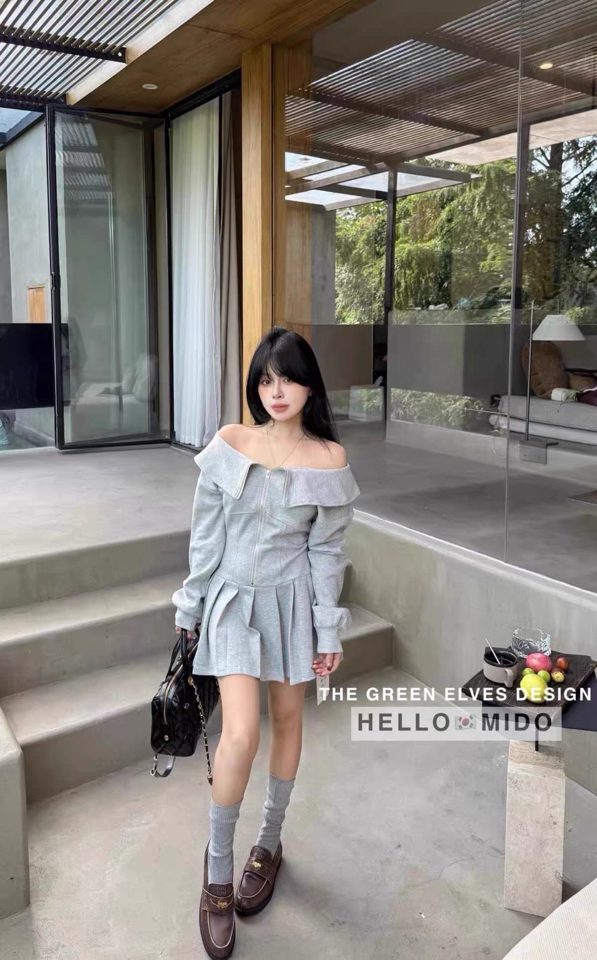 한국 스타일 패션 다용도 빅 칼라 오프숄더 지퍼 중간 길이 학원 스타일 연령 감소 캐주얼 드레스 상세 이미지 5