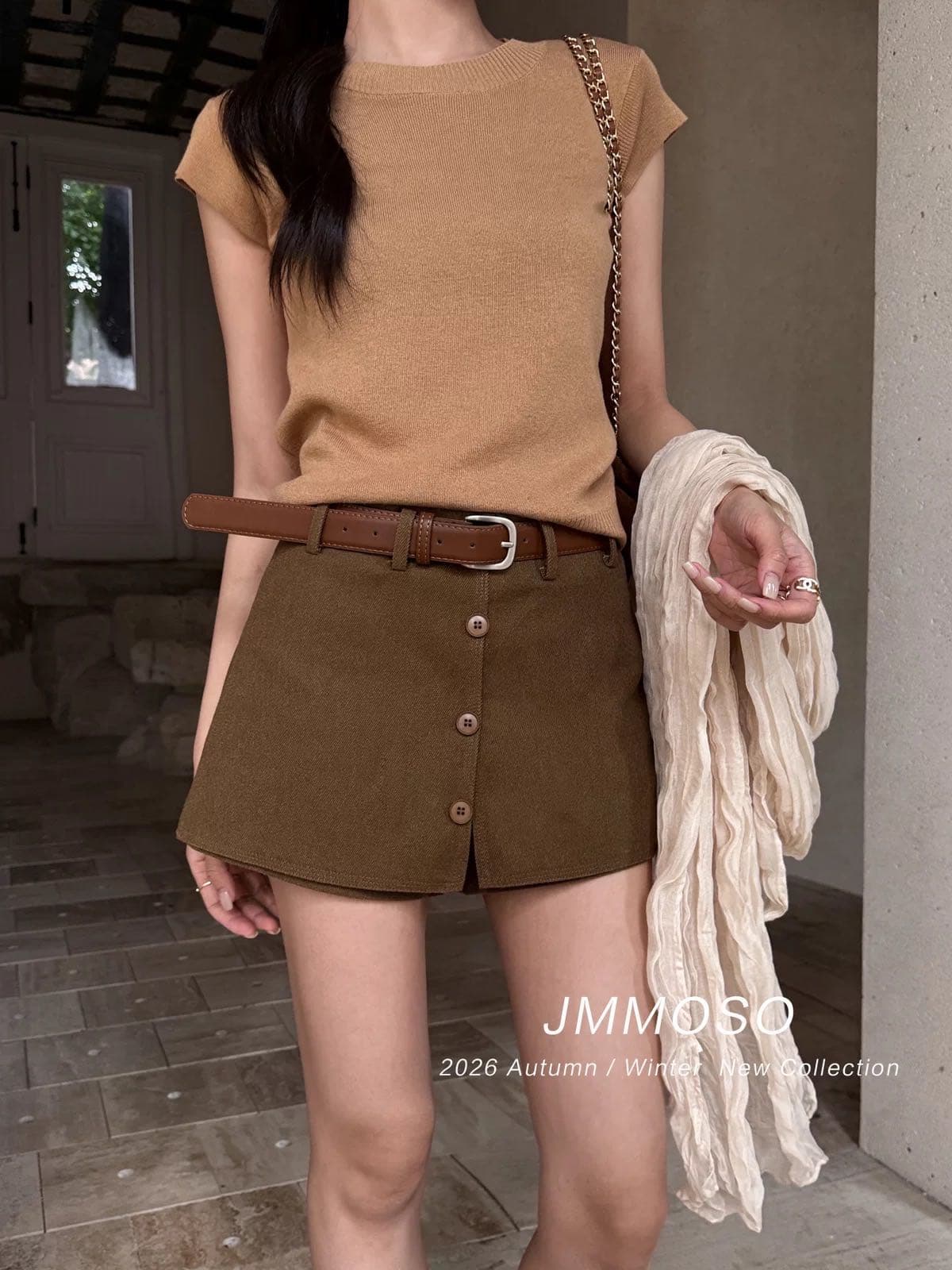 zy jmmoso 이른 가을 한 부서 화이트 치마바지 여성 하이웨이스트 단추 노출 방지 벨트 포함 한 마디 반신 스커트