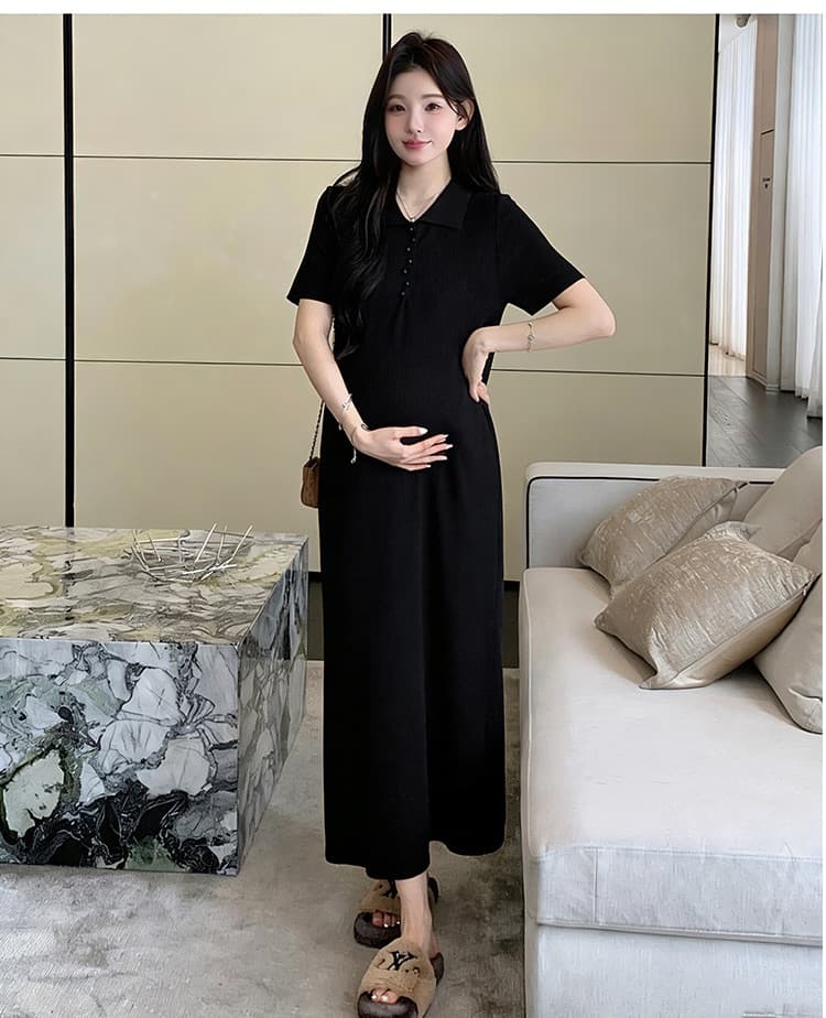 2026 새로운 한국 스타일 패션 출산 착용 빅 사이즈 니트 POLO 칼라 루즈핏 임산부 드레스 상세 이미지 21