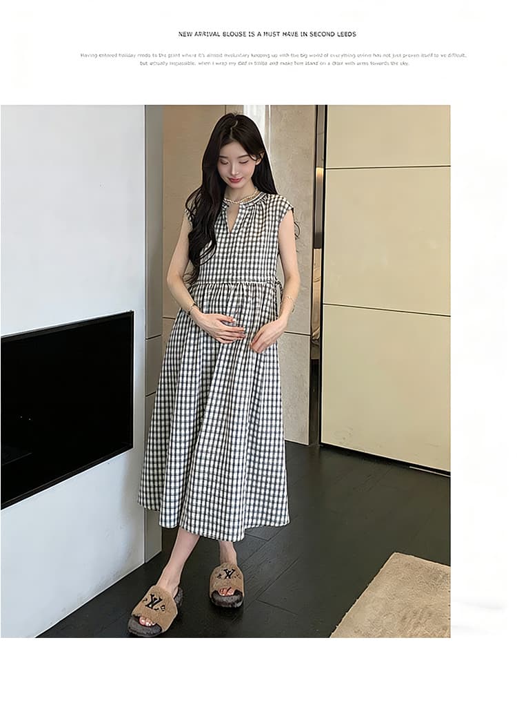 2026 새로운 여름 출산 착용 캐주얼 V넥 레이스업 체크무늬 허리 수축 롱 스커트 루즈핏 임산부 드레스 상세 이미지 11