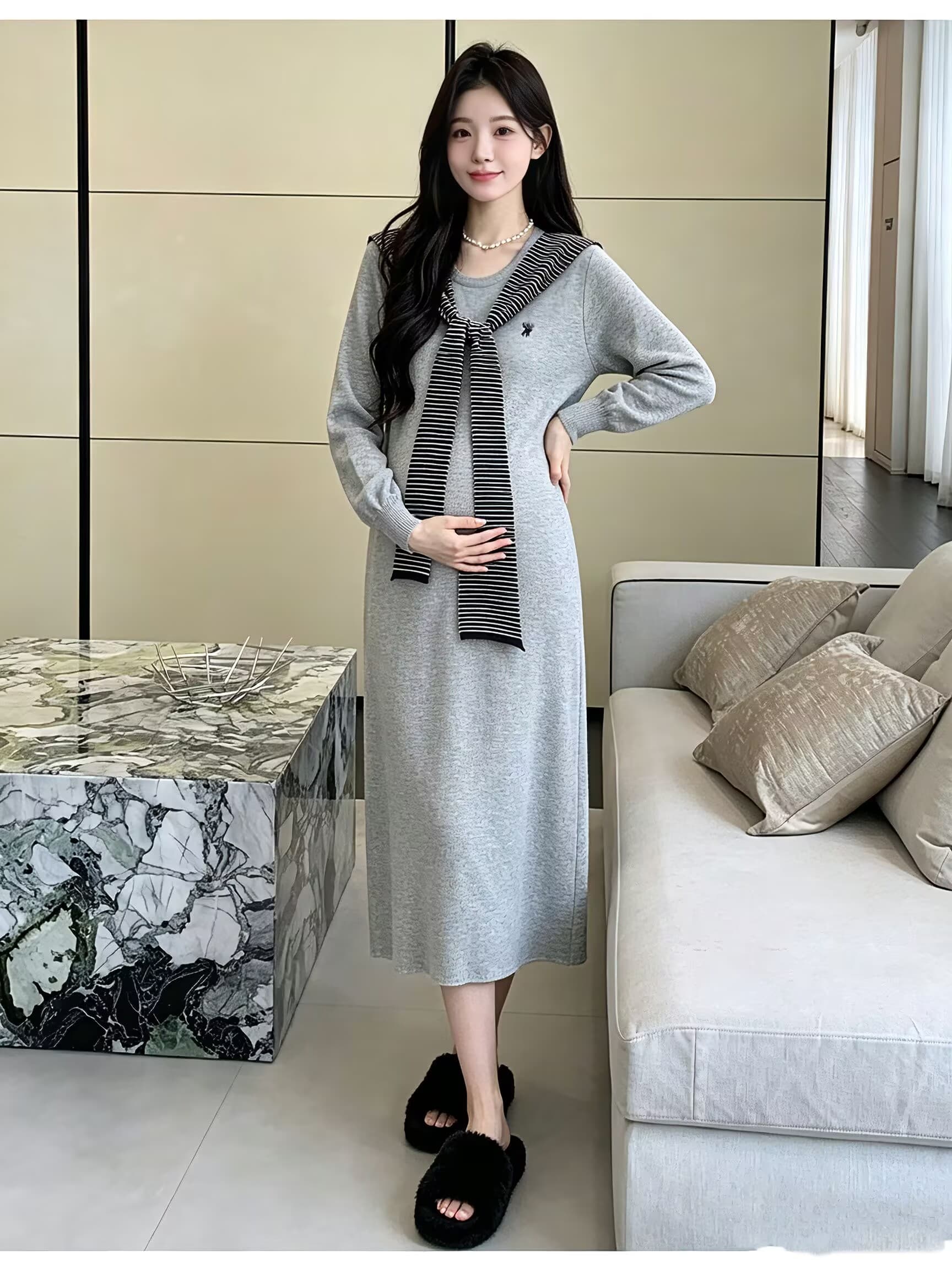 2026 가을 겨울 새로운 품격 드레스 숄 스웨터 드레스 부드러운 바람 슬림해 보이는 다용도 부드러운 찹쌀 니트 출산 스커트 상세 이미지 10